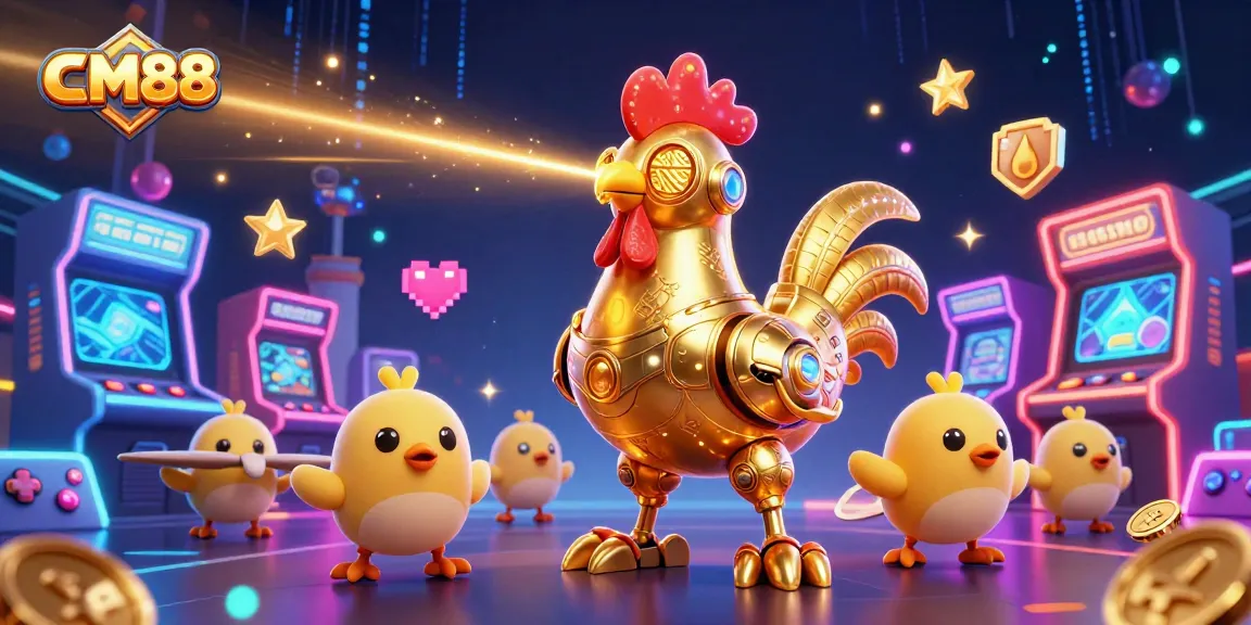 Experience thrilling gameplay at CM88 with vibrant arcade machines and an engaging golden rooster robot.