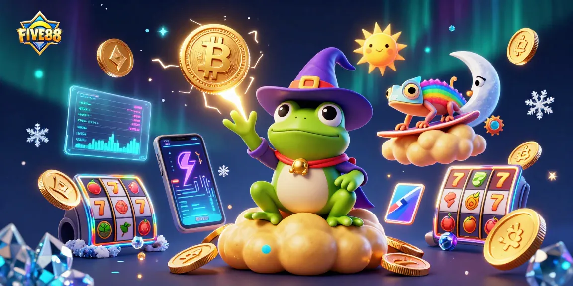 Engage with FIVE88's dynamic gaming magic featuring a cartoon frog and chameleon in a golden casino storm.