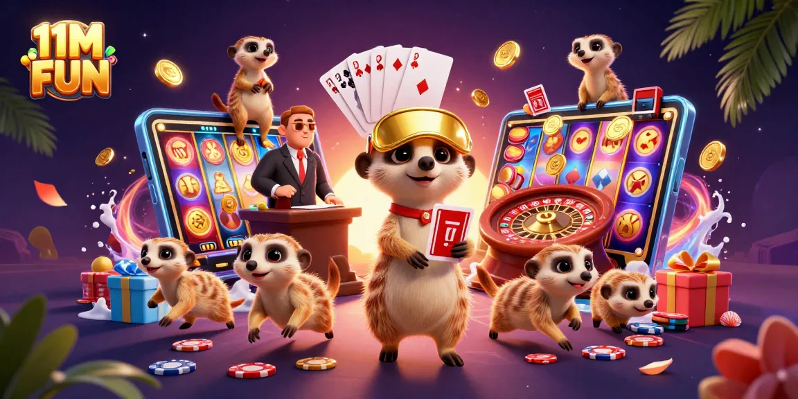 Experience the excitement of 11M FUN with charming meerkats creating an engaging casino scene filled with vibrant gaming elements.