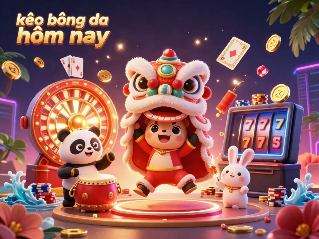 Experience kèo bóng đá hôm nay with vibrant lion dance, golden coins, and casino excitement.
