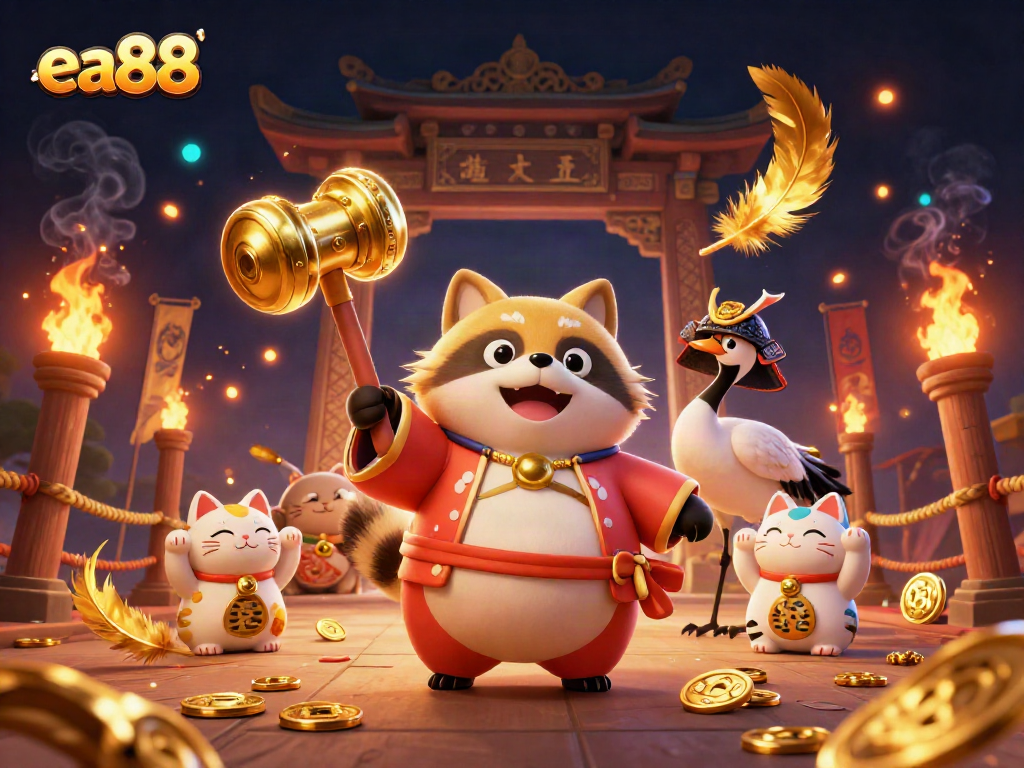 ea88 captivating gaming scene with lucky tanuki and fortune cats enchanting players