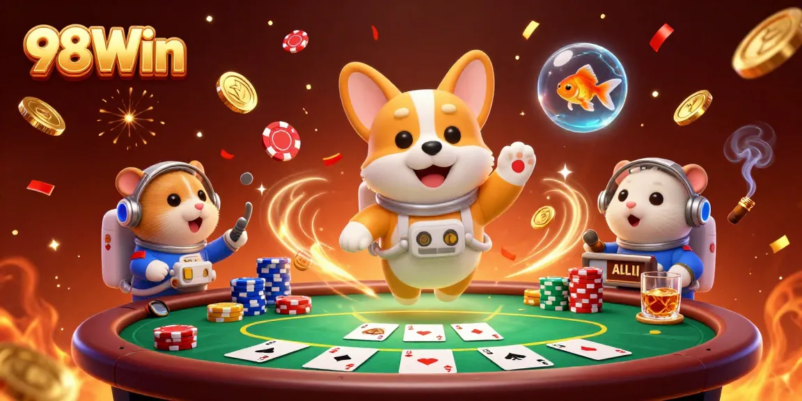 Engage in exciting gameplay at 98Win casino with cartoon characters in space, poker chips, and vibrant casino elements.