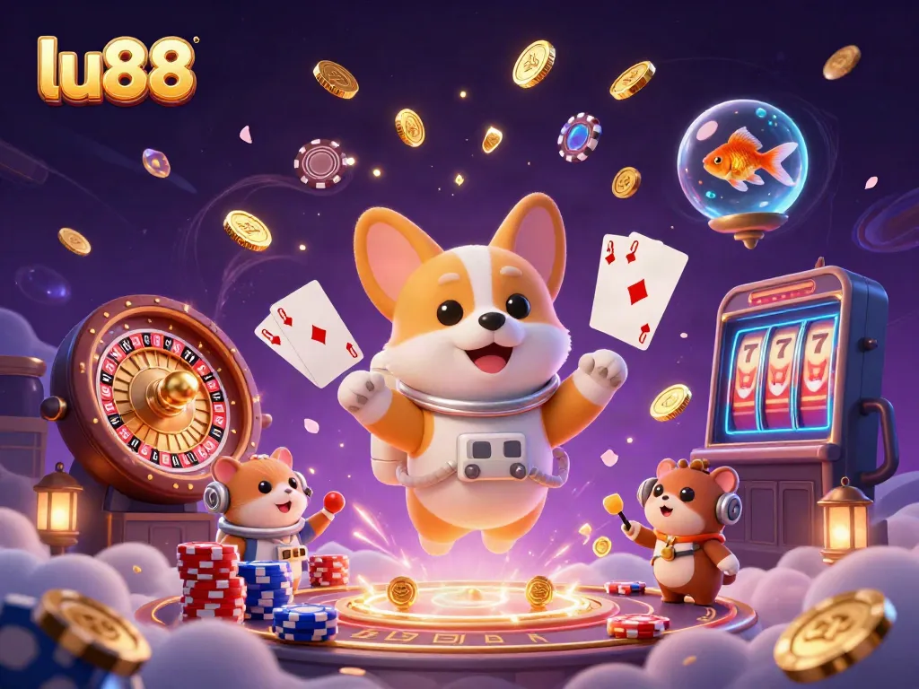 Experience thrilling gaming with lu88's animated characters in a cosmic casino setting.