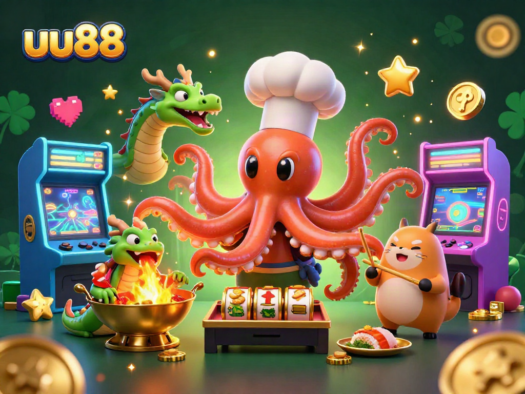 Spin the slots with uu88: a vibrant scene featuring an octopus sushi chef, a dragon, and a tanuki amidst glowing gaming elements.