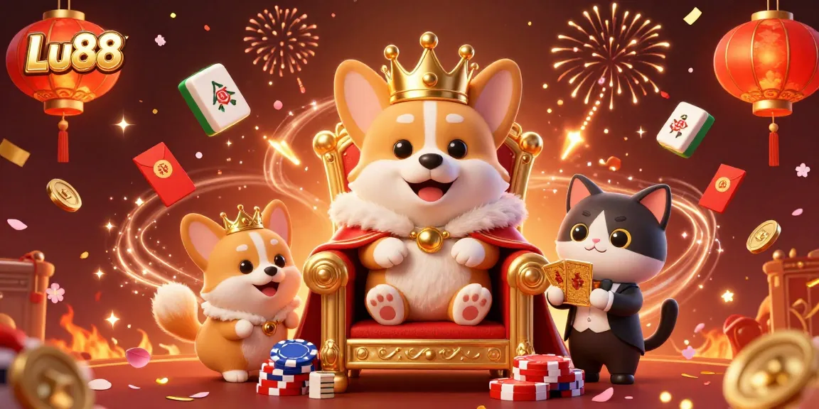 Play at Lu88 with a regal corgi and dynamic casino elements, celebrating in a vibrant atmosphere.