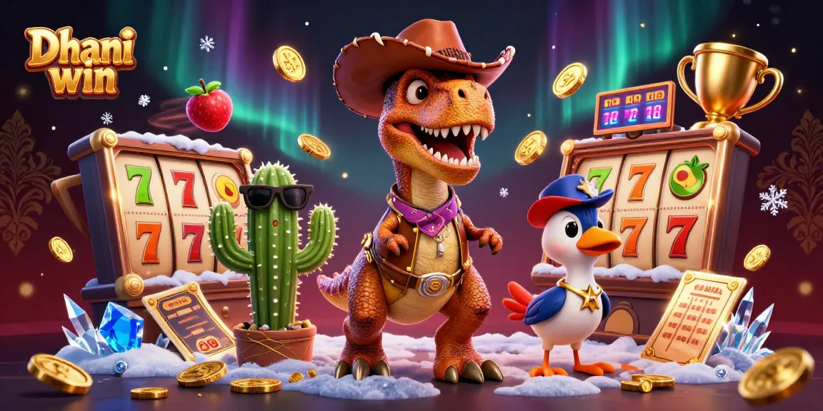 Dhani win games featuring a T-Rex cowboy, jackpot reels, and dynamic gold elements.