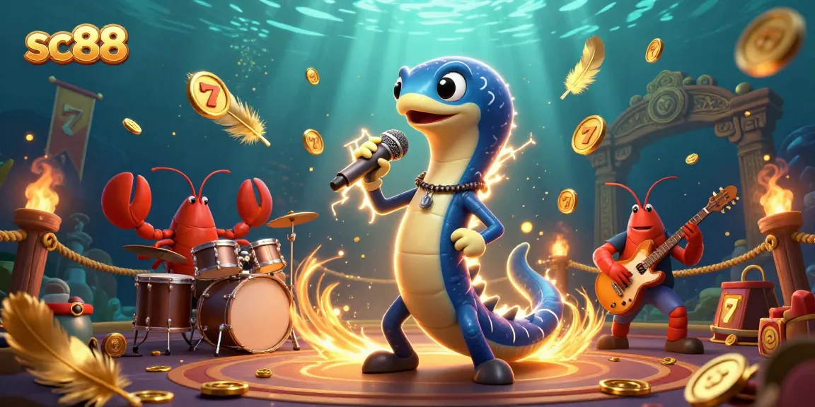 Experience the electrifying entertainment of sc88 with a lively DJ eel and his backing band in an underwater casino.