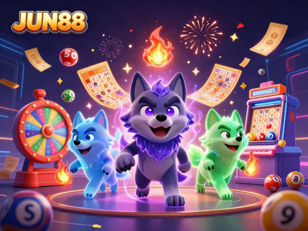 Engage with exciting games at JUN88, featuring wolves and vibrant lottery elements.