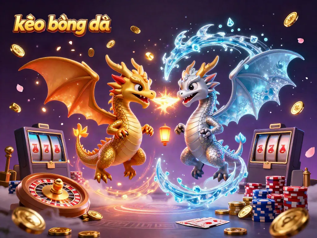 Experience the excitement of kèo bóng đá with an artistic depiction of dynamic 3D dragons and casino elements.