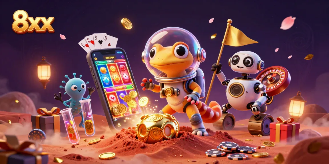 Engage in thrilling gameplay at 8xx with a 3D cartoon scene showcasing a Martian gecko in a golden casino.