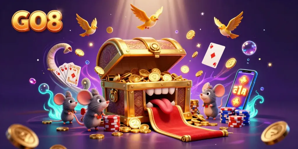 Engage with GO8 for casino excitement, featuring dazzling slot reels and vibrant treasure elements.