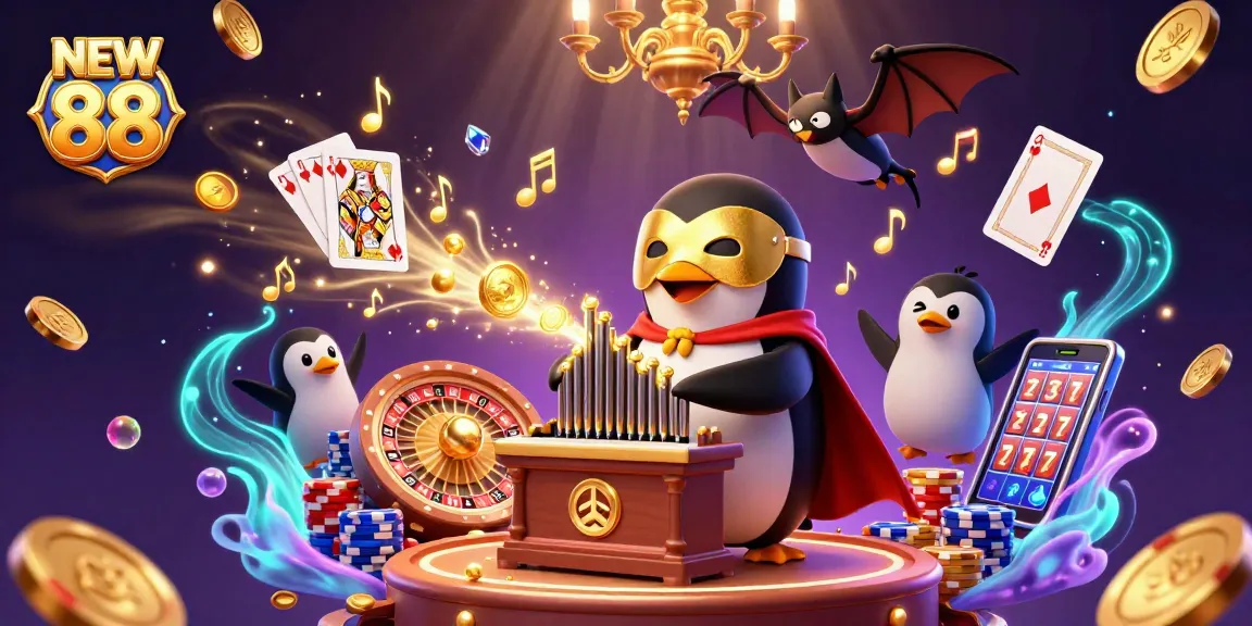 Spin into winning with NEW 88 as a cartoon penguin plays an organ, releasing coins.
