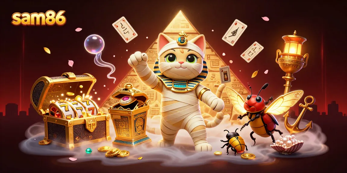 Experience thrilling games at sam86 with an Egyptian mummy cat and treasures in a vibrant casino scene.