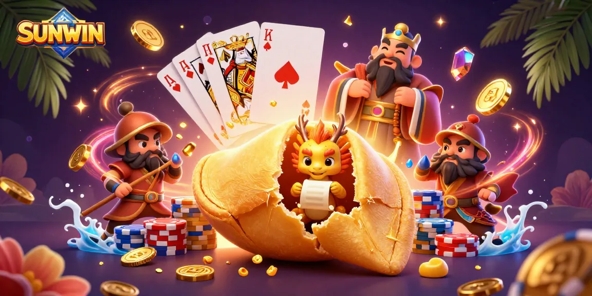 SUNWIN casino illustration featuring a giant fortune cookie and dragon amidst cascading golden coins.