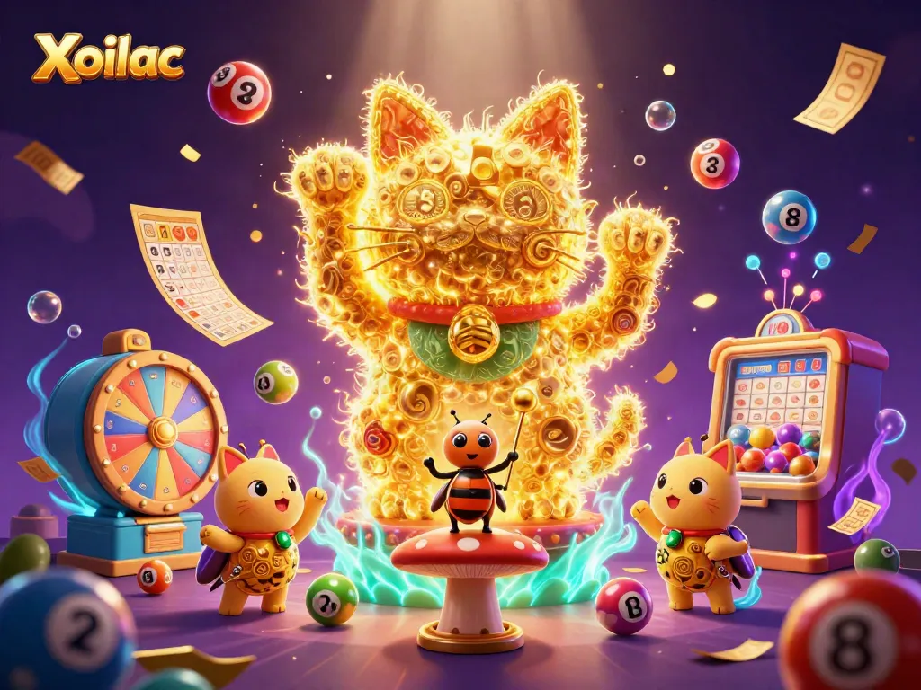 Xoilac invites players to enjoy epic gaming experiences with vibrant illustrations of lucky cats and casino symbols.