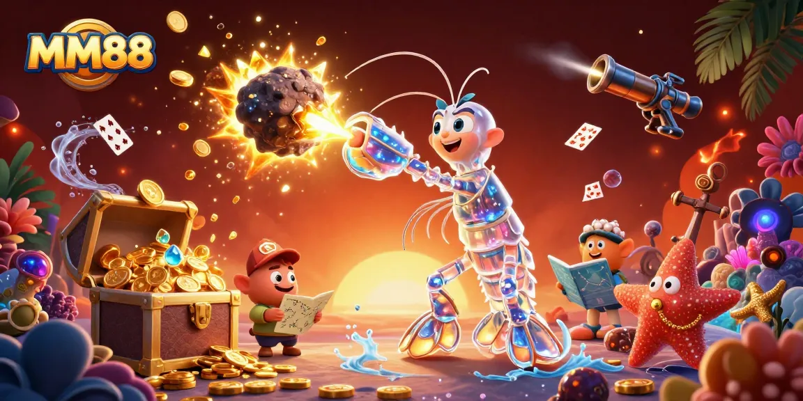 Experience thrilling MM88 gaming with vibrant gems and action-packed underwater scene.