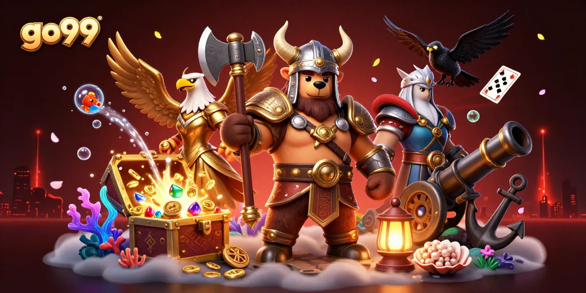 Join the go99 excitement with a dynamic gambling scene featuring a Viking bear, Valkyrie eagle, and treasures.