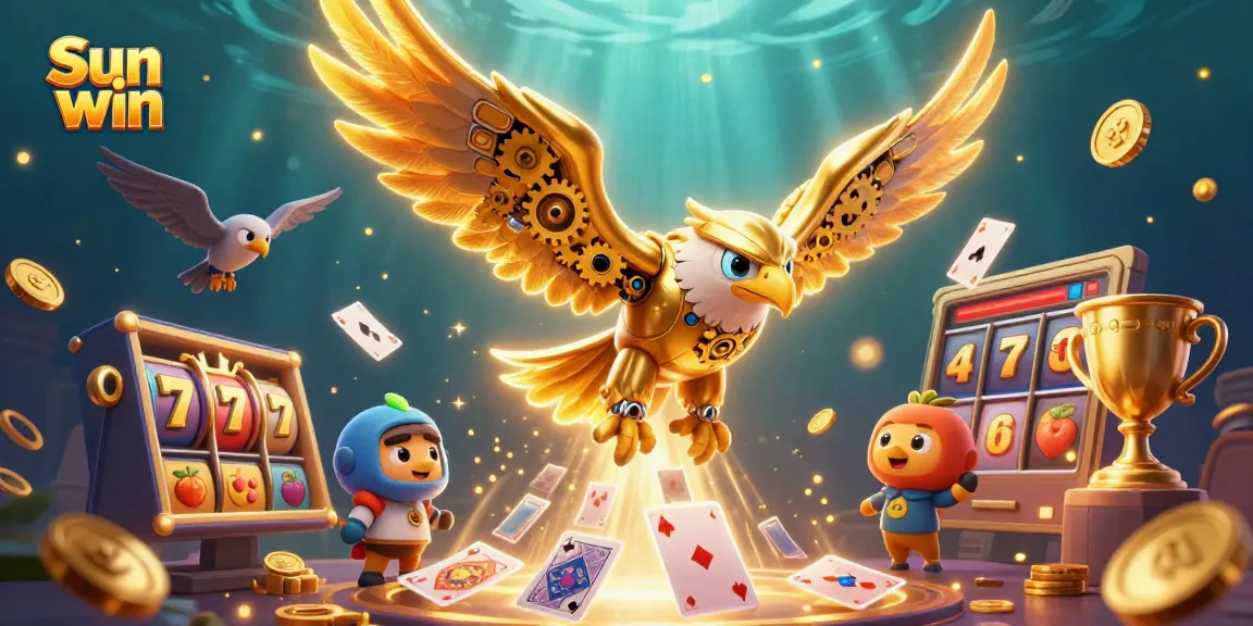 Experience the thrill of gaming with Sun win as the golden eagle soars above dynamic slots and vibrant casino elements.