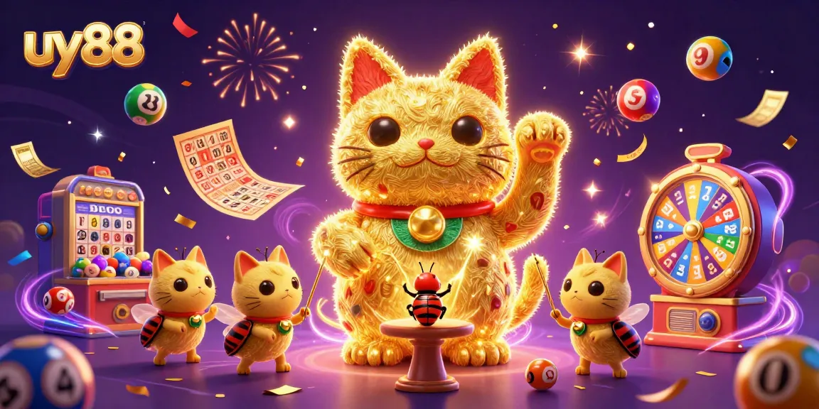 Experience the excitement of uy88 with a vibrant casino scene featuring a lucky cat, lottery balls, and festive elements.