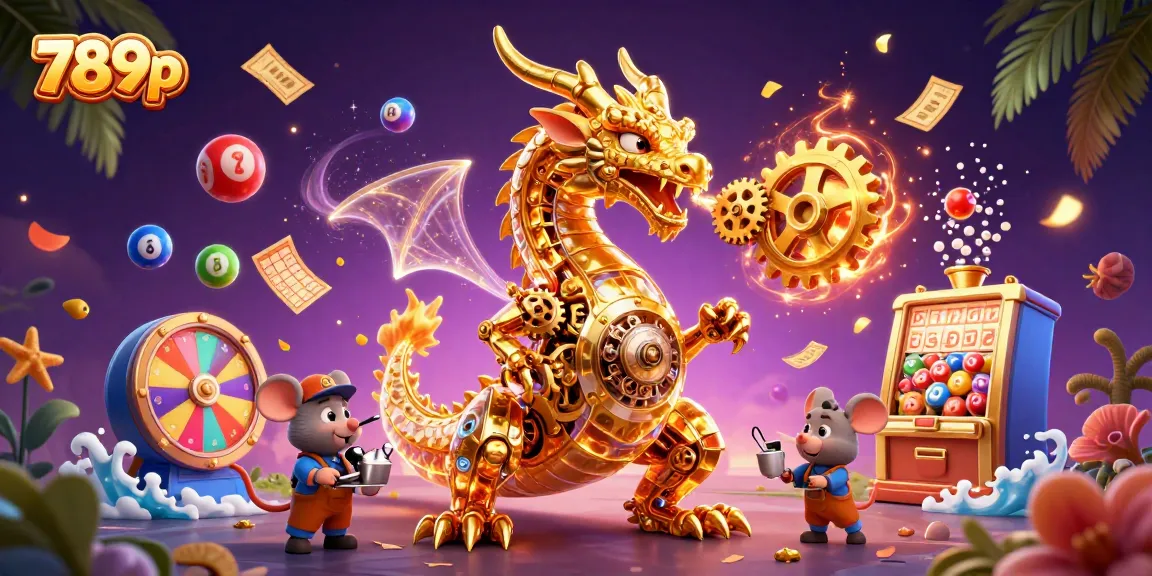 Engage with vibrant gaming elements featuring 789p amidst dynamic lottery balls and golden gears.