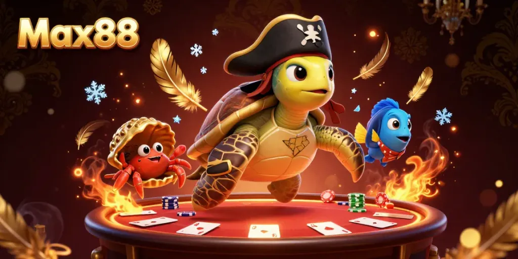 Engage with Max88 in an exciting game with a vibrant 3D pirate turtle surrounded by poker elements.