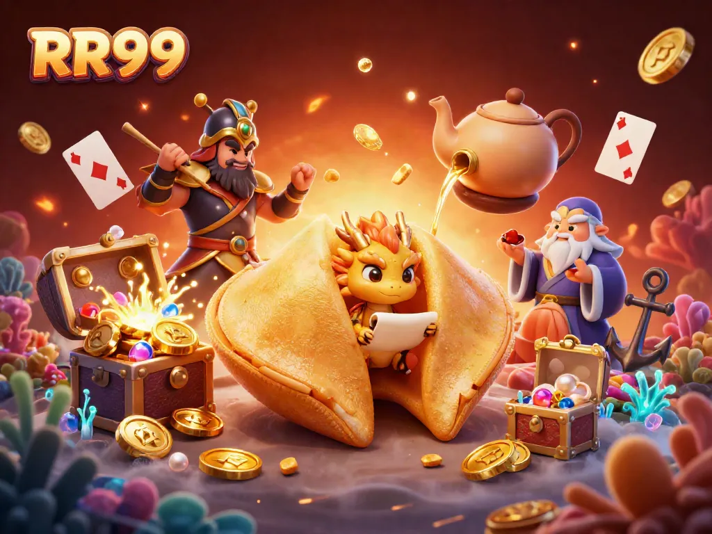 Engage in thrilling gameplay with RR99's vibrant characters and treasures in a magical casino scene.