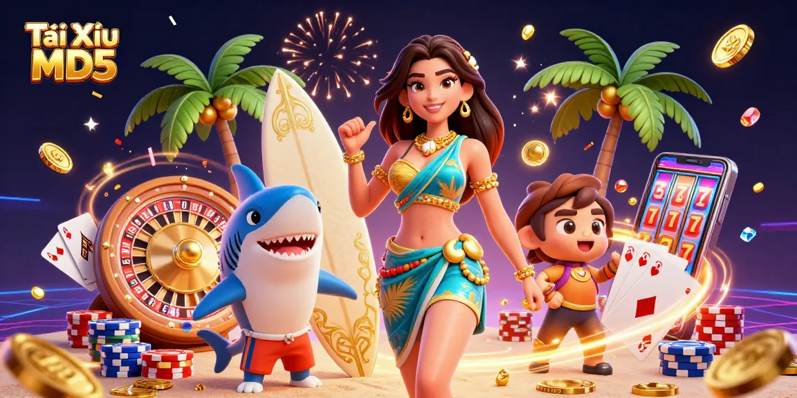 Tài Xỉu MD5 game elements with glamorous characters celebrating big wins in a vibrant casino scene.