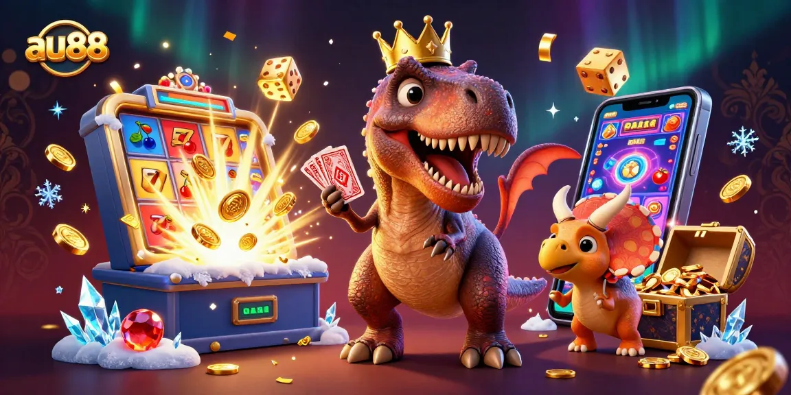 Experience a lively gaming scene at au88 with a T-Rex shuffling cards, a pterodactyl assistant, and a triceratops stacking chips.