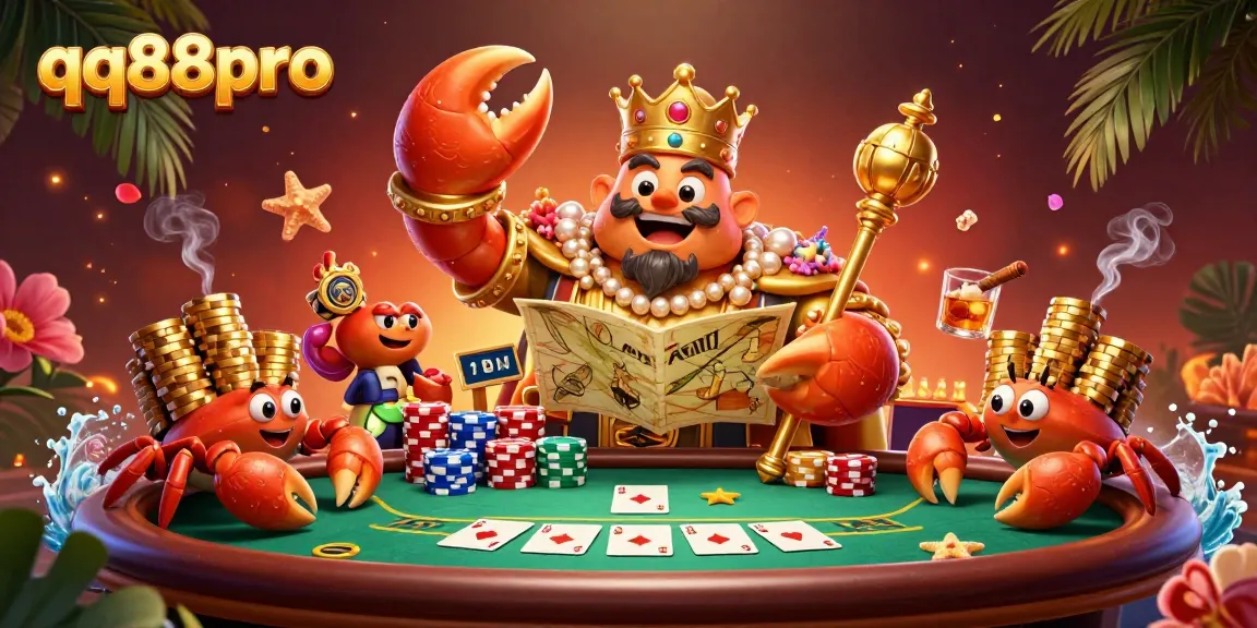 Experience winning thrills at qq88pro with a golden crab emperor surrounded by poker excitement.