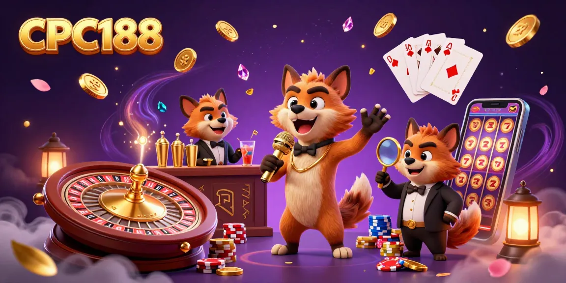 CPC188 hyena comedy casino featuring a golden microphone and colorful poker chips in action.