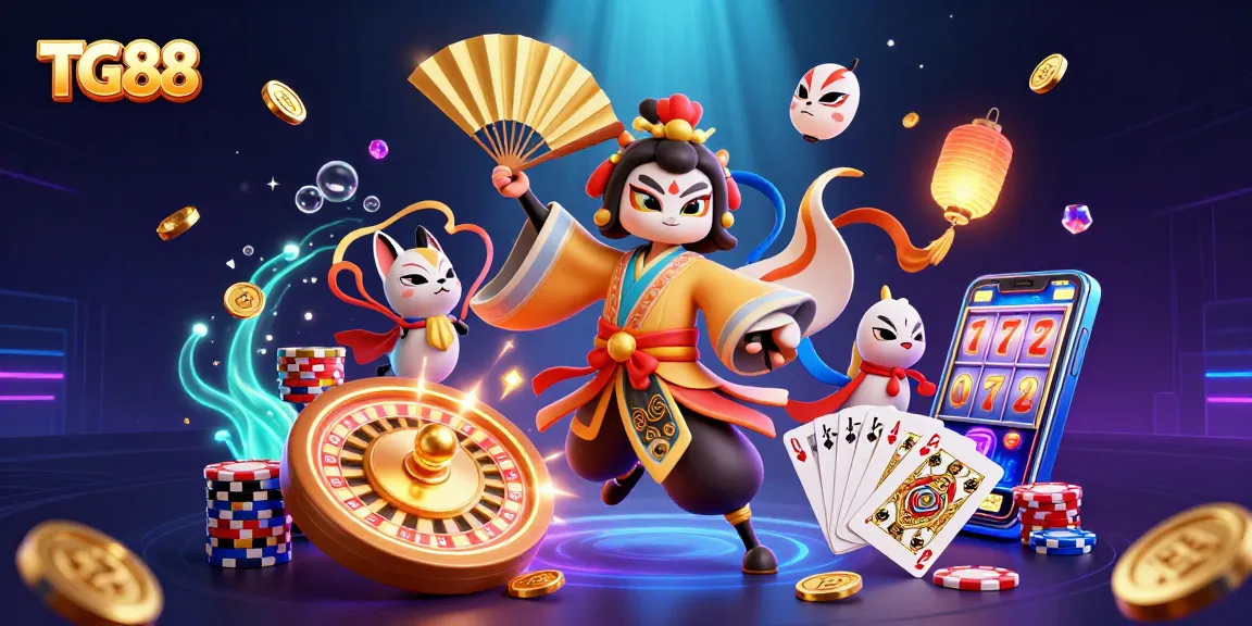 Spin and win with TG88's thrilling casino scene full of vibrant characters and games.