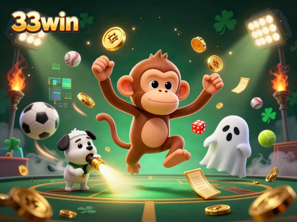Engage in the thrilling world of 33win as the mischievous poltergeist monkey juggles golden treasures in a lively casino.