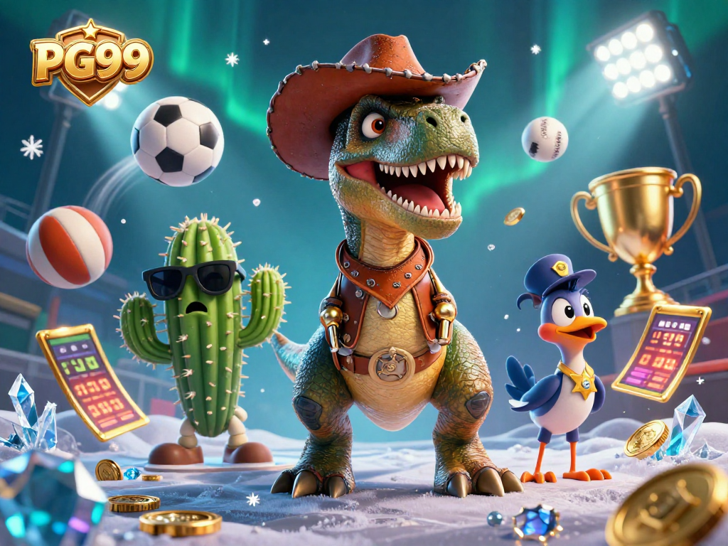 PG99 brings excitement as a cowboy dinosaur and friends celebrate sports betting wins with dynamic action.