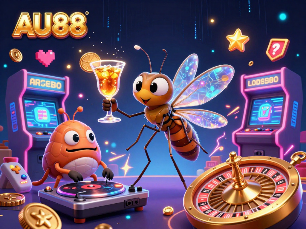 Experience the thrill of AU88 as a frozen mosquito mascot and trilobite DJ bring casino excitement to life in a vibrant scene.