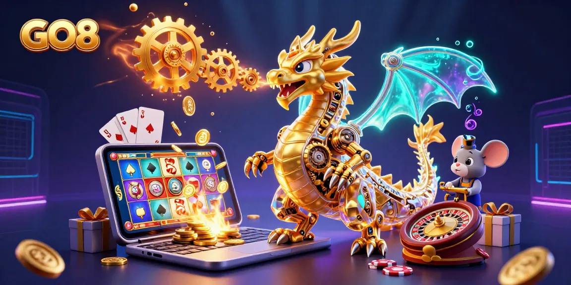 Engage in dynamic gaming action with GO8 as a golden dragon unleashes gears and cogs amidst vibrant slot games.