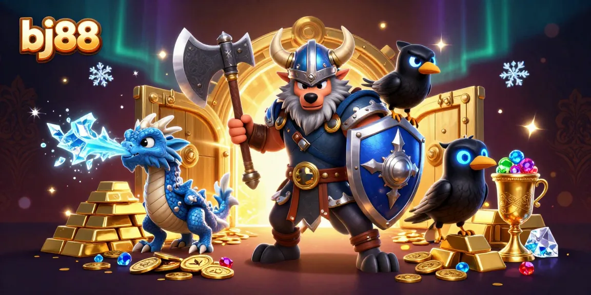 Experience the thrilling adventures of bj88 with an epic showdown featuring a Viking wolf and icy dragon.