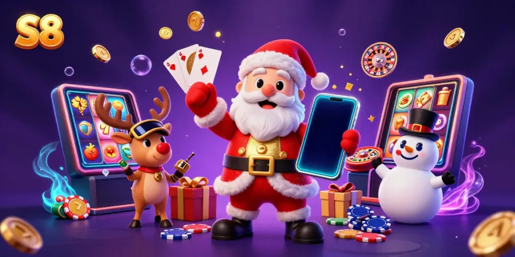 S8 casino-themed illustration with Santa, reindeer, and snowman celebrating jackpots.