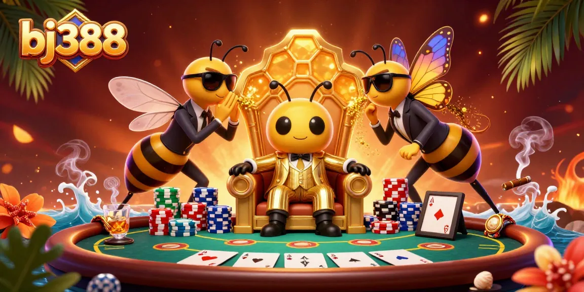 Engage with bj388's vibrant gambling world featuring a bumblebee mob boss and dynamic poker action.