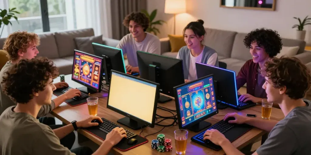 Exciting gaming scene at Howzit Casino with friends enjoying digital slots and poker.