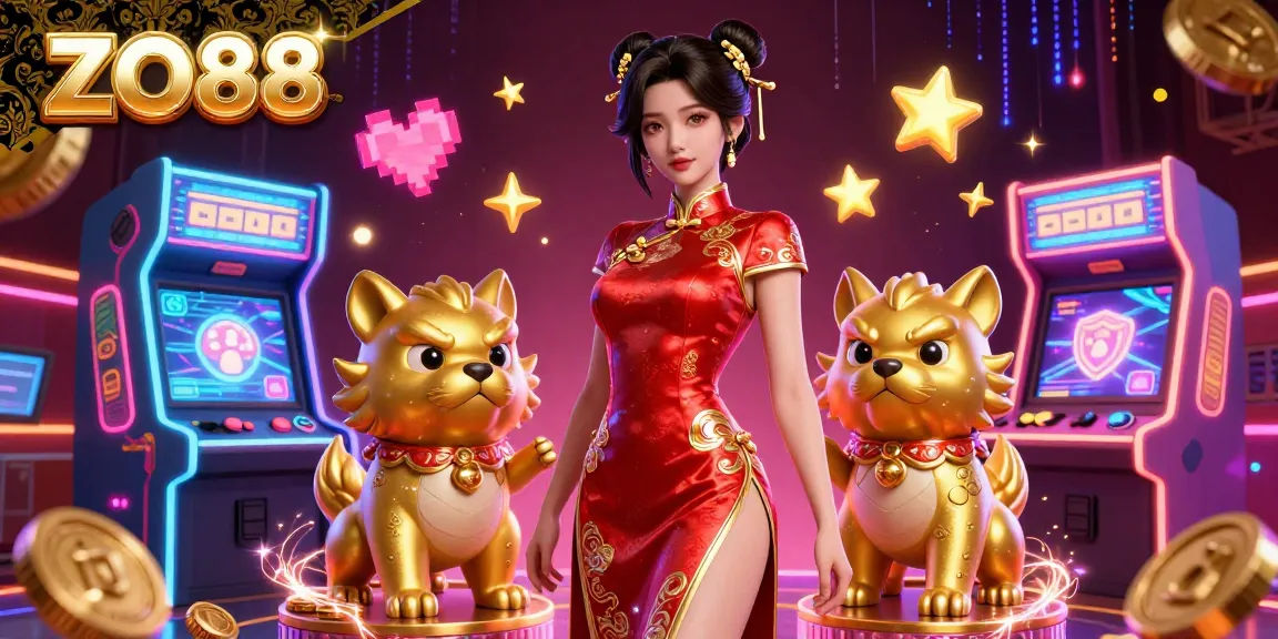 Experience ZO88's vibrant casino world with a glamorous Asian woman amidst game machines and guardian foo dogs.