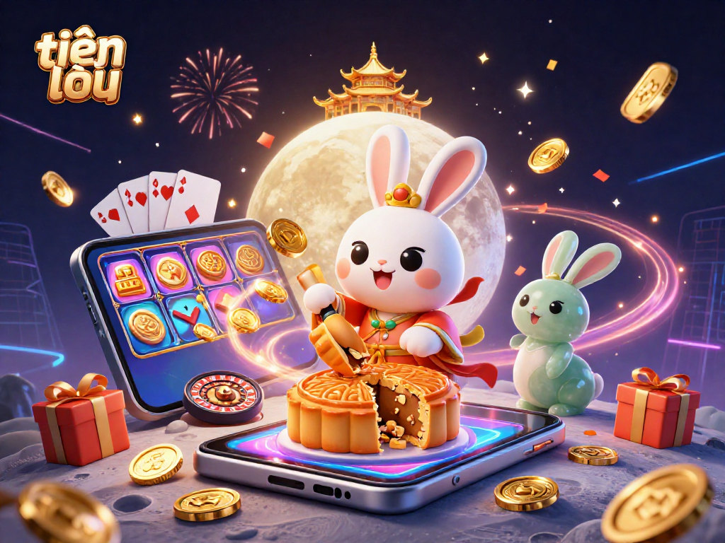 Join the fun with tiến lên as the moon rabbit reveals poker chips hidden in mooncakes alongside vibrant casino elements.