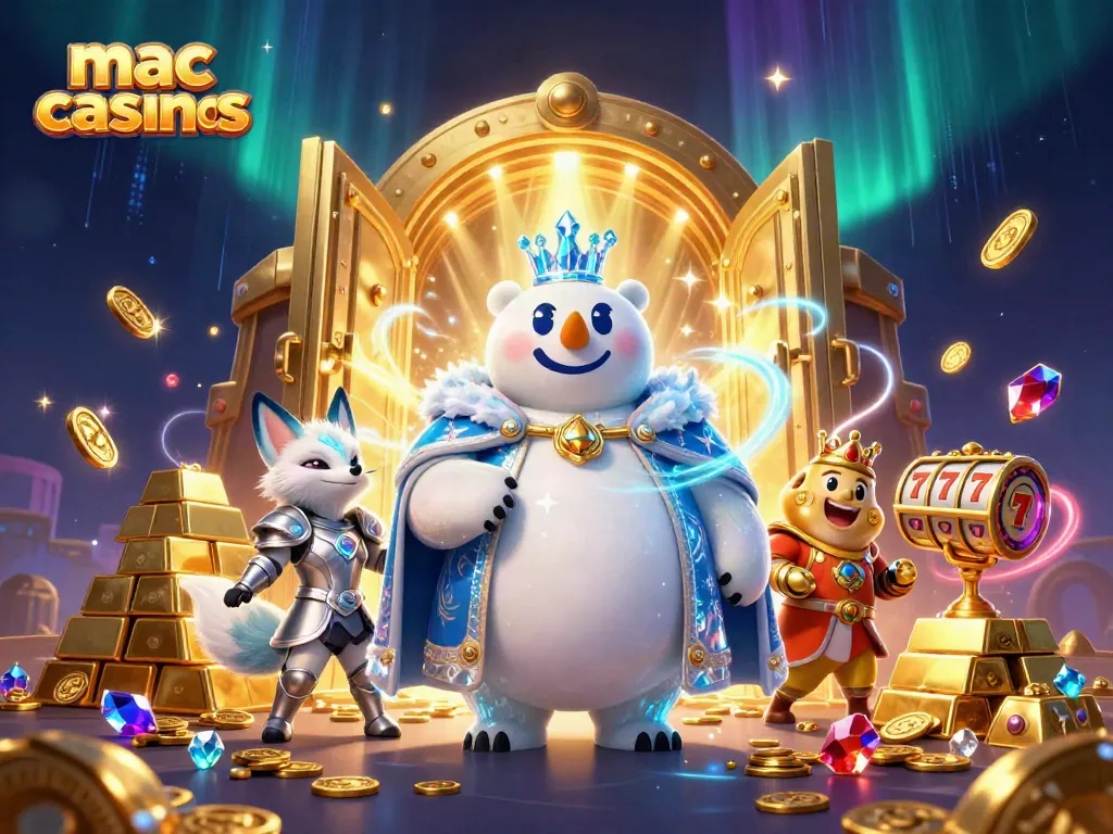Experience thrilling wins at mac online casinos with an ice king and a snow fox amidst a treasure vault.