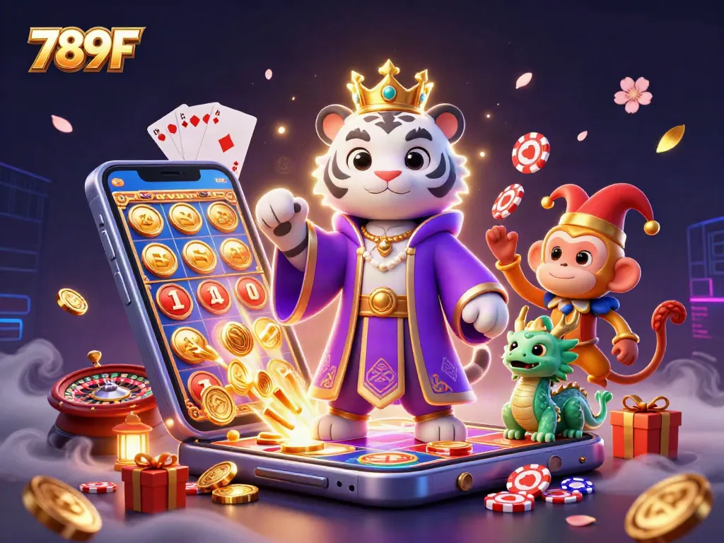 Engage with 789F's exciting casino experience featuring a vibrant 3D illustration of a tiger, monkey, and dragon.