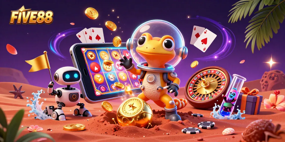 Experience the thrill of winning at FIVE88 Casino with exciting games and vibrant digital elements.