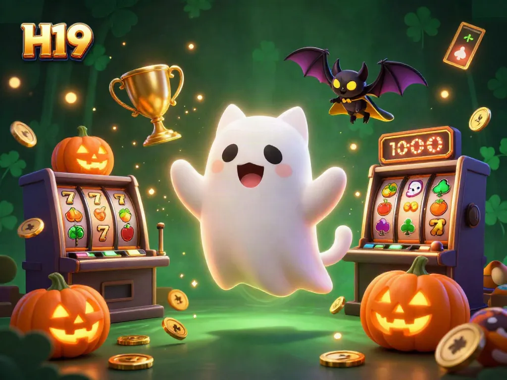 Experience the thrill of H19 with a friendly ghost cat in a haunted casino scene filled with glowing slot machines.