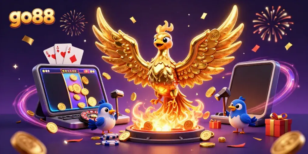Experience the excitement of go88 with a dynamic illustration of a phoenix and casino elements celebrating winning moments.