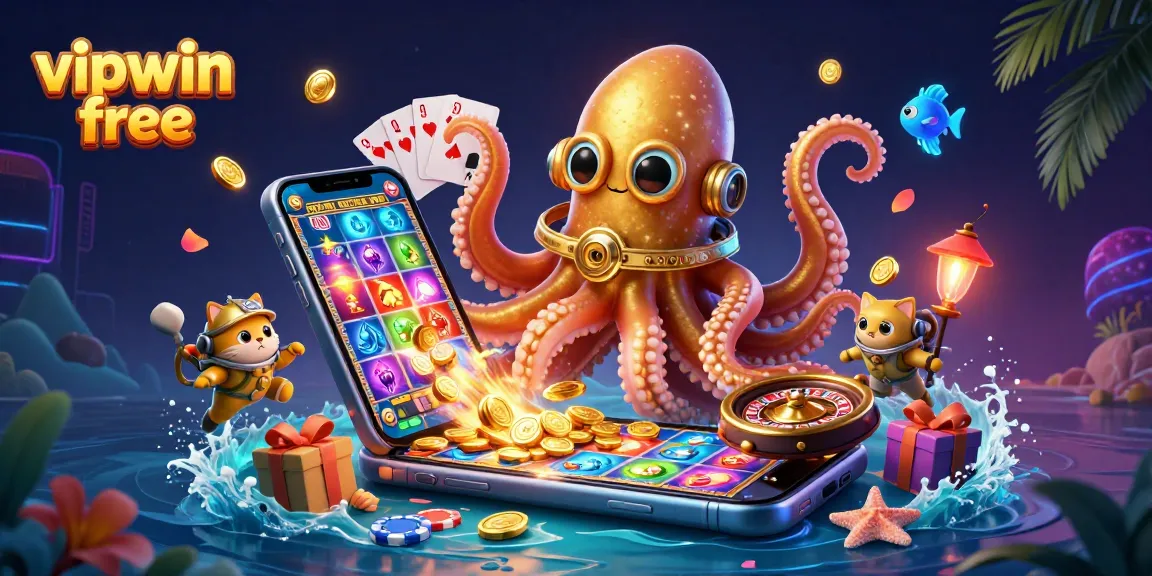 Experience thrilling wins at vipwin free with a vibrant 3D illustration of a kraken and a diving cat in a casino-themed treasure scene.