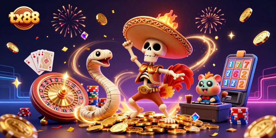 Celebrate wins at tx88 with 3D characters surrounded by coins, cards, and casino elements.