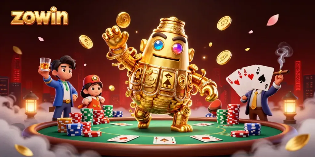 Experience thrilling gameplay at Zowin, featuring a dynamic 3D golden golem and poker elements.
