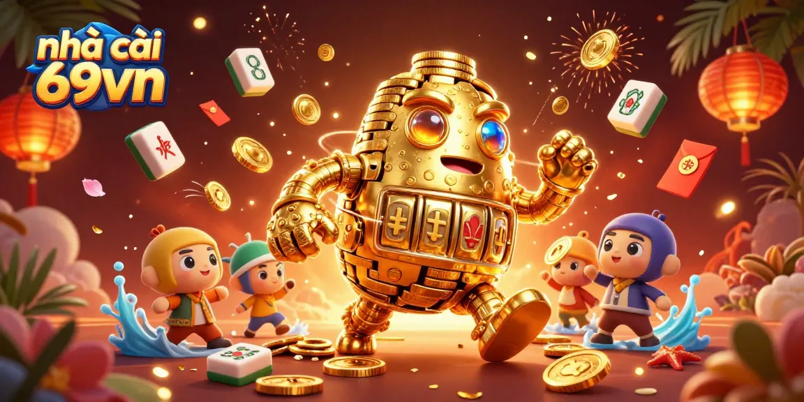 Experience the excitement at nhà cái 69vn with a dynamic illustration showcasing gambling elements and a mesmerizing golden golem.